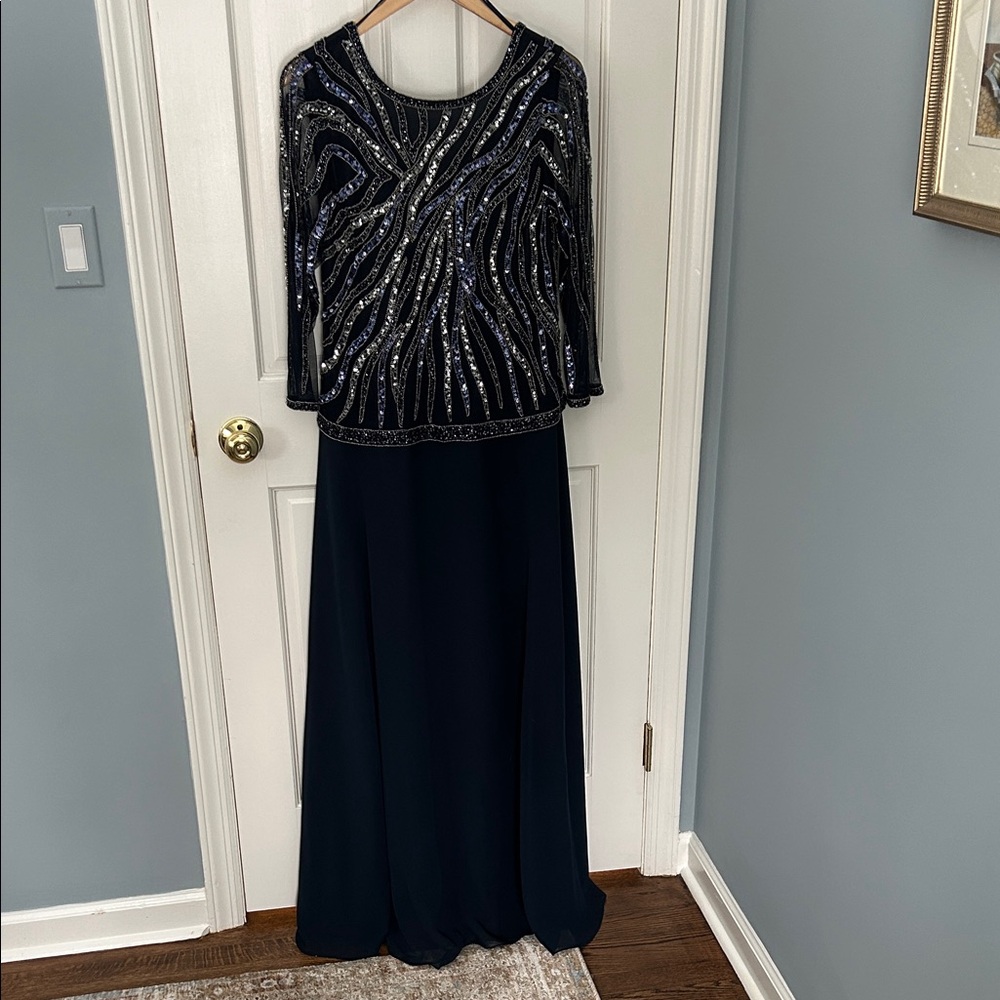 J Kara Navy and Silver Sequins Long Sleeve Gown worn one time! Size 10